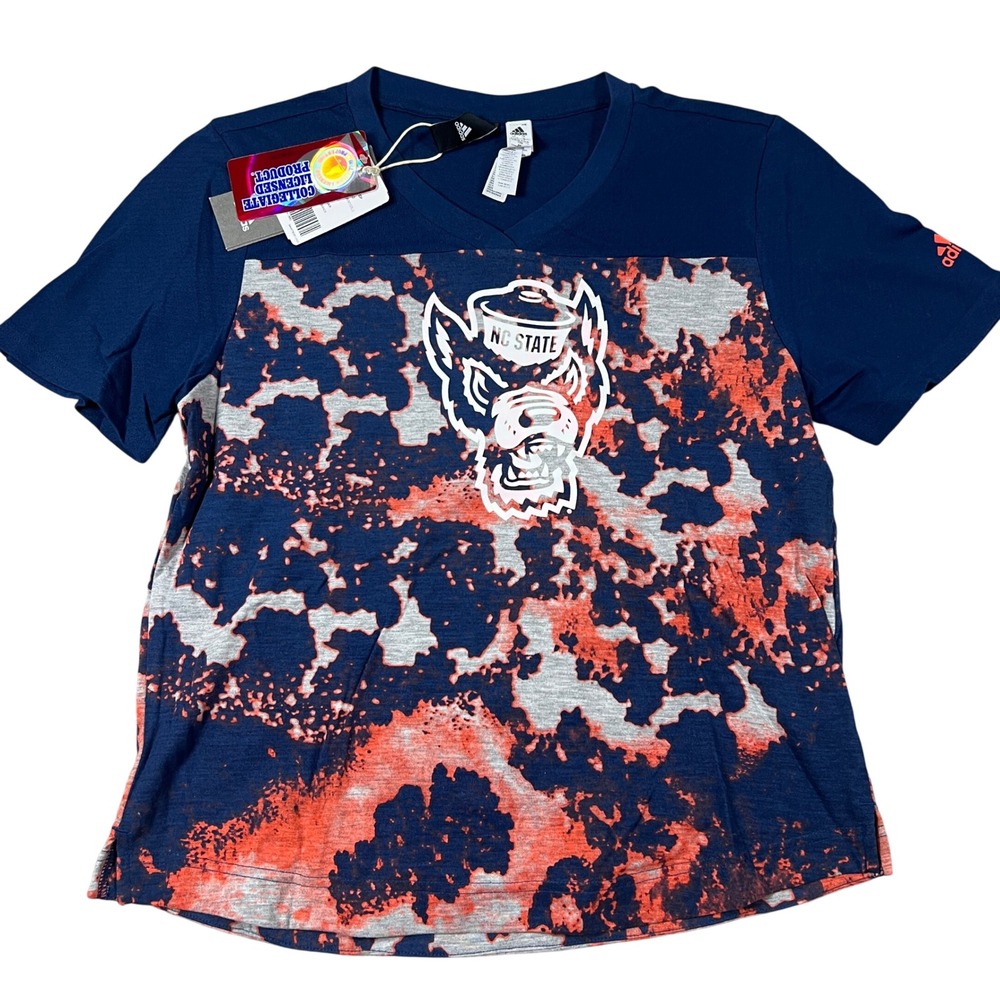 Adidas NC State Wolfpack Womens V-Neck T-Shirt Navy Red Abstract Small New